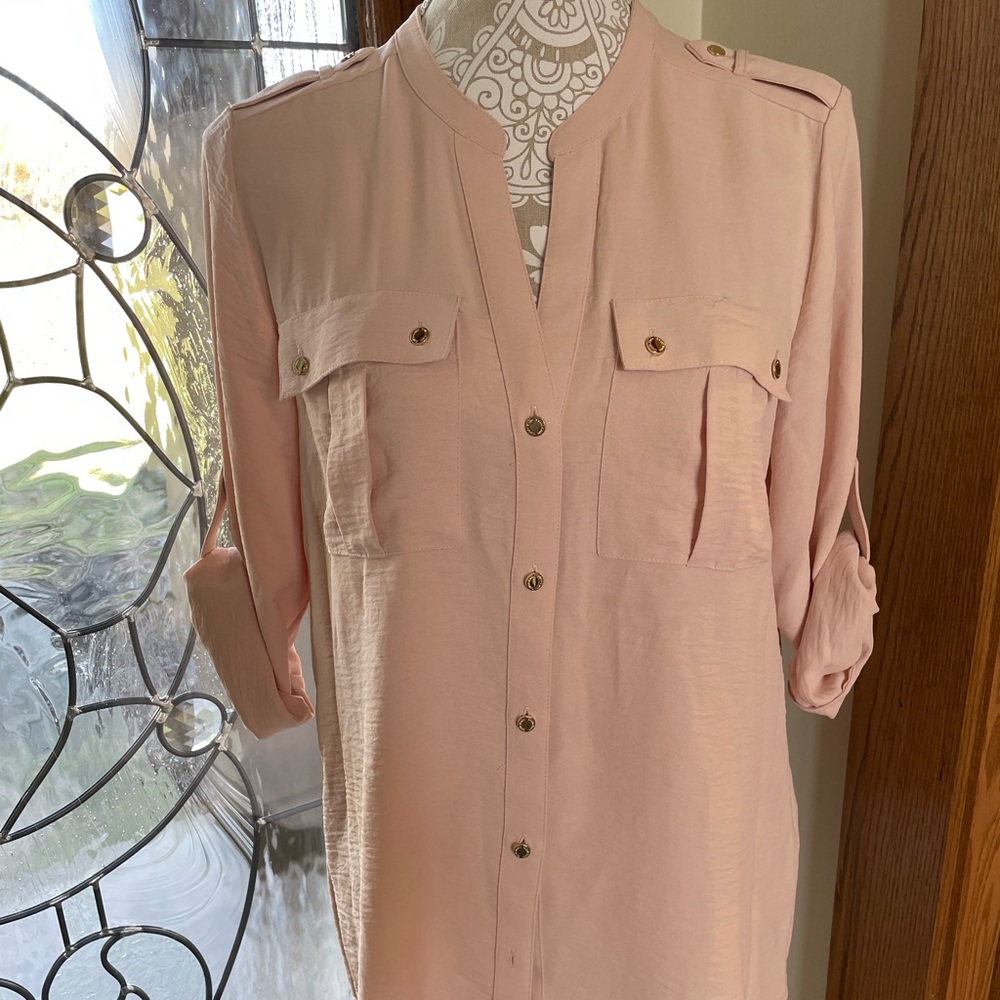 Calvin Klein Women's Modern Essentials Basic Roll Tab Button Front Top -Medium